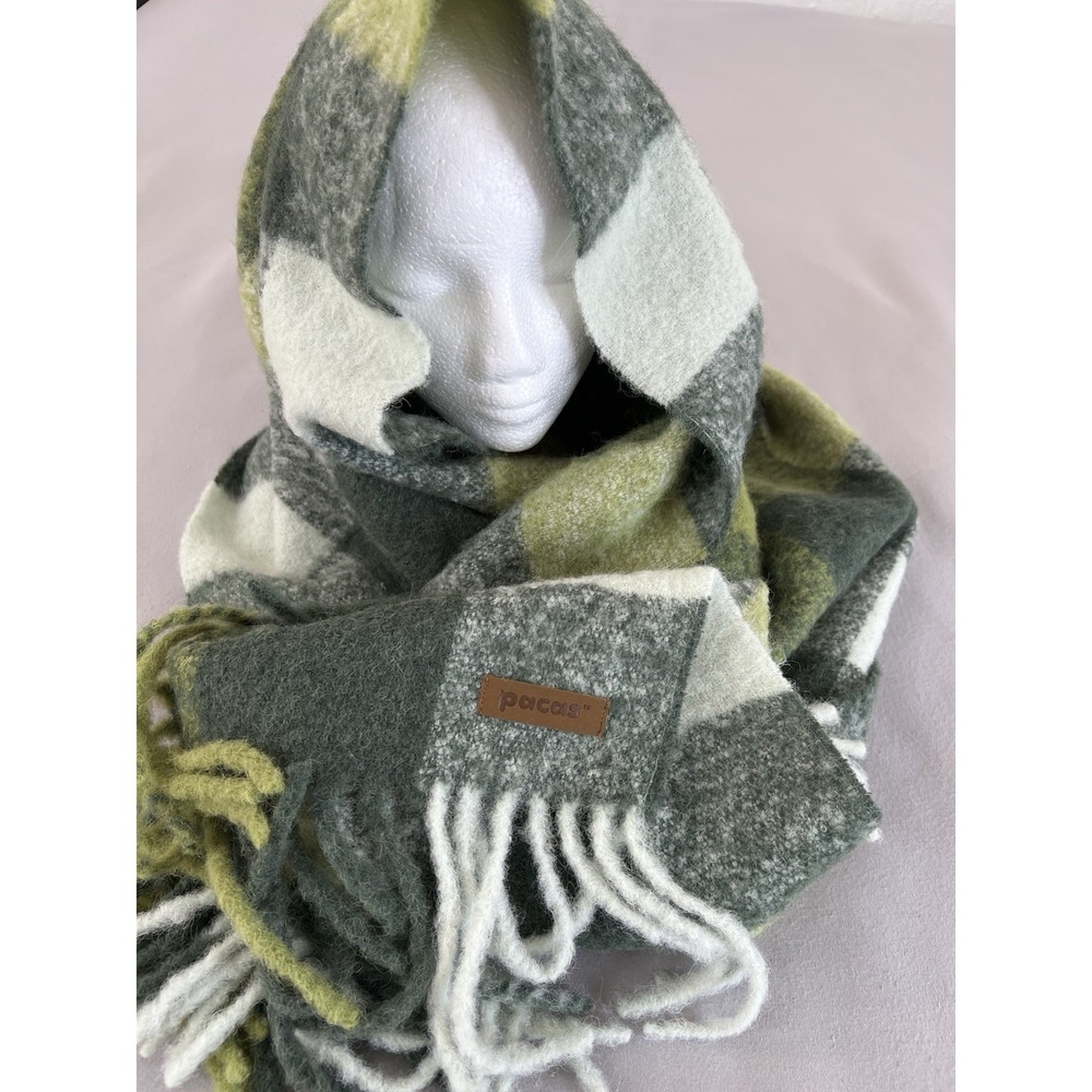 Pacas Brushed Scarf Large 78x18‎ Green Checkered Alpaca Blend Peru